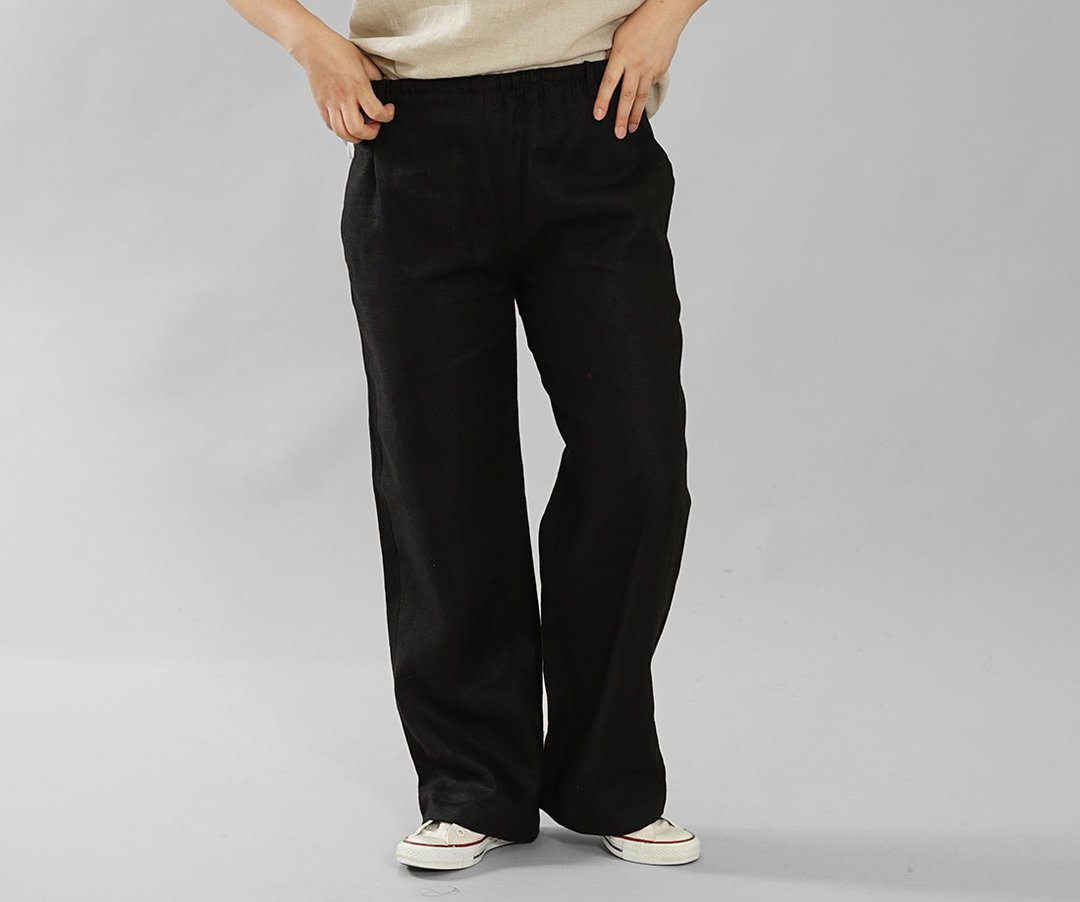 wafu Linen pants / long length / elastic waistbelt black b016a-bck2 - 女装长裤 - 棉 黑色