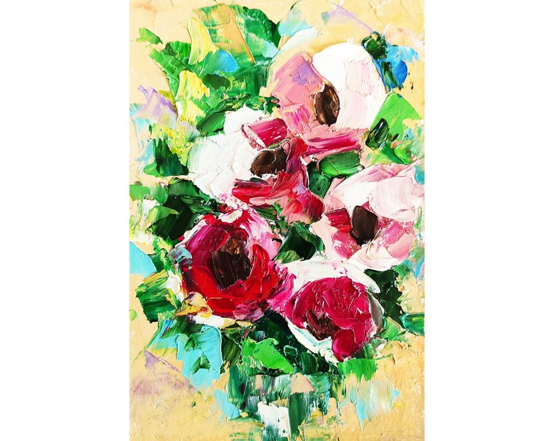 牡丹花束原创绘画粉红花艺术品小花艺手油画油画原作 - 海报/装饰画/版画 - 其他材质 多色