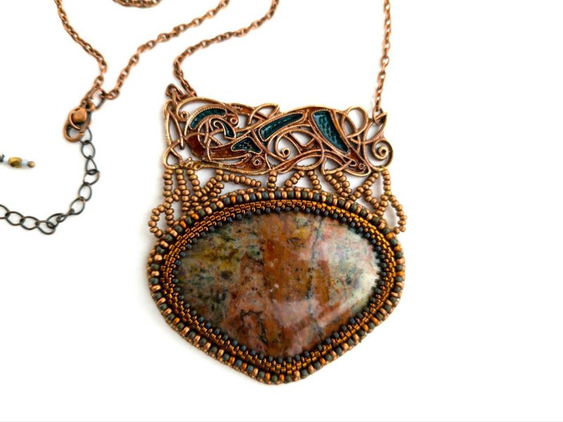 棕色碧玉项链吊坠串珠长方形简约简洁 - 项链 - 宝石 咖啡色