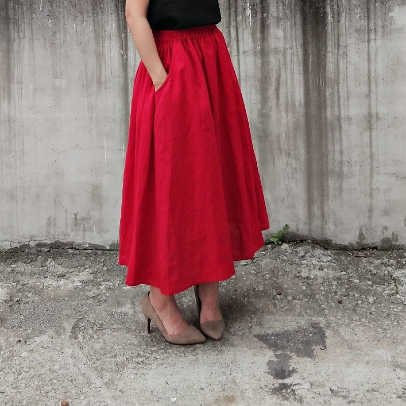 Feliz & Recap [ 侧口袋澎裙 ] 亚麻 红 - 裙子 - 棉．麻 红色