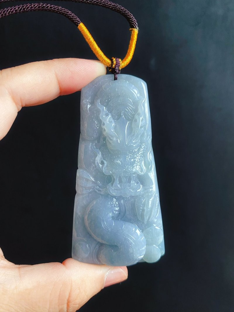 蓝灰色调龙牌 天然缅甸玉翡翠 吊坠 招财守护 平安富贵 项链 - 项链 - 玉石 蓝色