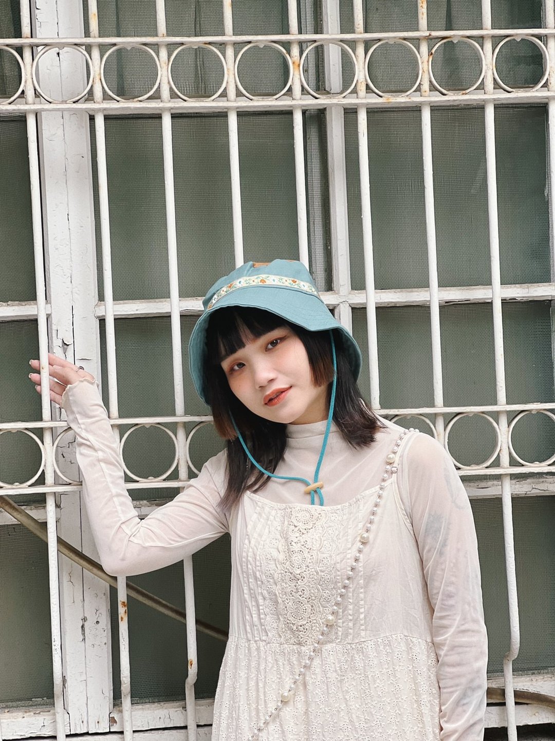 花花织纹拼接渔夫帽 蓝绿 - 帽子 - 棉．麻 