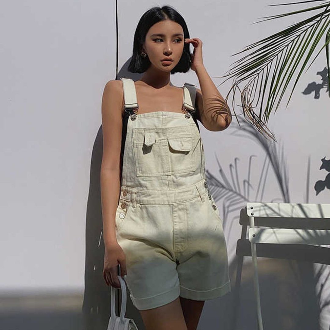 White Denim Pocket Dungaree Shorts - 背带裤/连体裤 - 聚酯纤维 白色