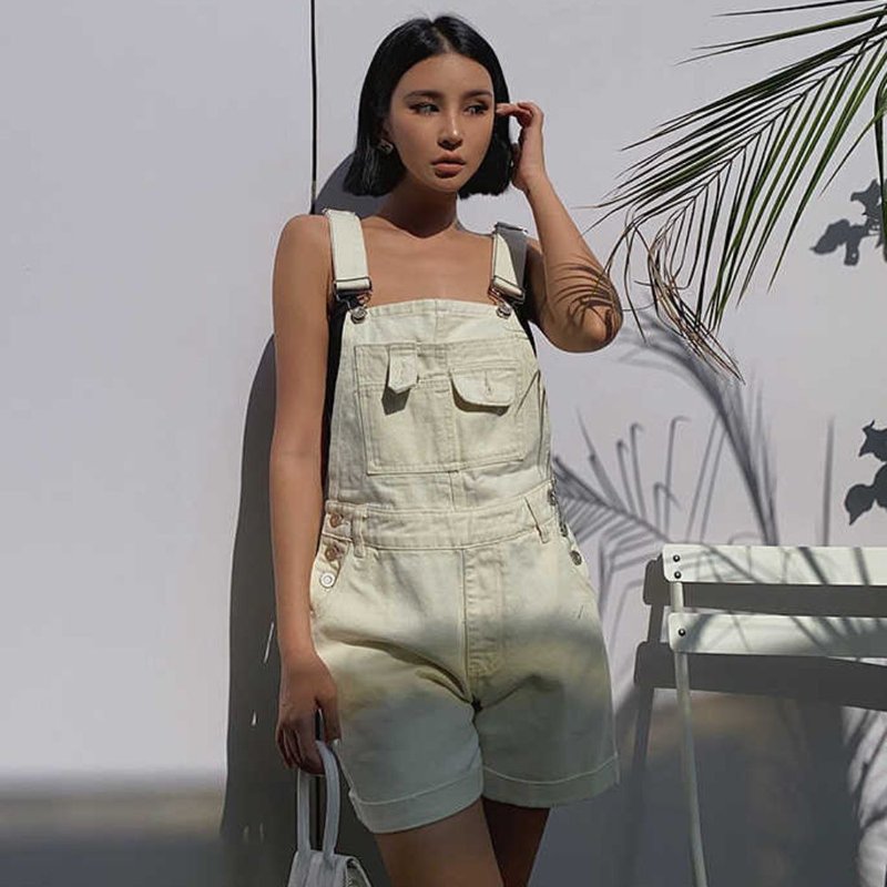 White Denim Pocket Dungaree Shorts - 背带裤/连体裤 - 聚酯纤维 白色