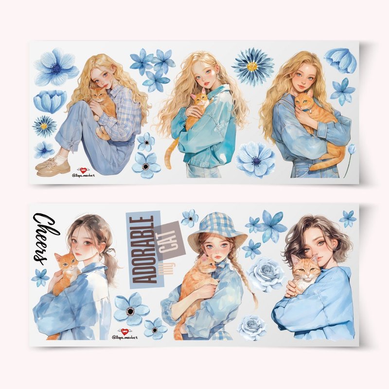 猫咪与女孩贴纸六张组 - 贴纸 - 纸 