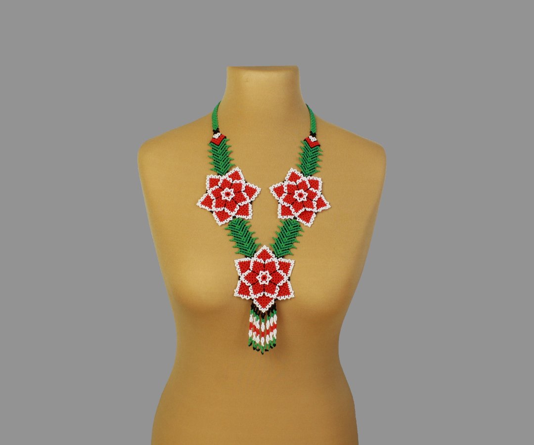 Red bead flower necklace beaded jewelry for women - 项链 - 玻璃 红色