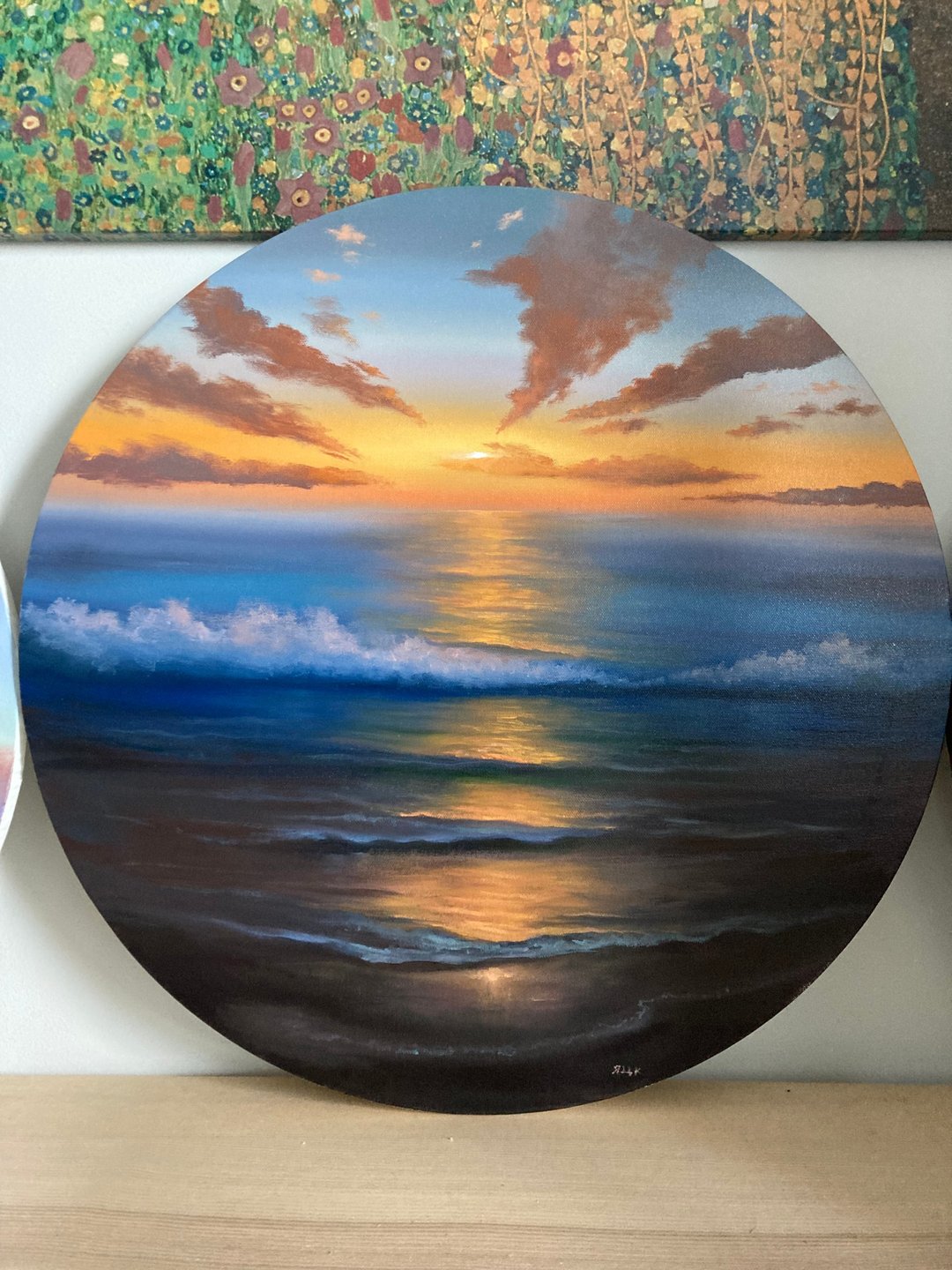 Original Sunset Painting, Oil Painting On Canvas, Sunset Ocean Painting, 油画, 日落画 - 墙贴/壁贴 - 棉．麻 蓝色