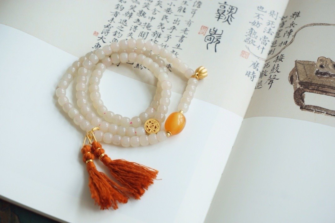 5mm天然和田玉 /和阗玉-藕粉. 蜜蜡枣珠银莲蓬设计多圈手串s - 手链/手环 - 宝石 粉红色