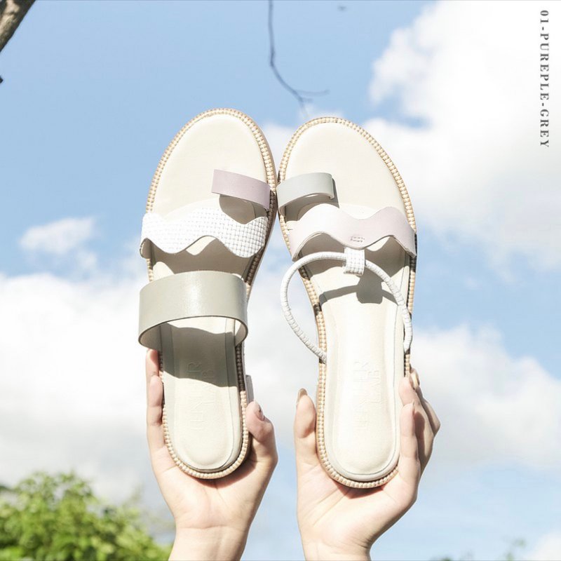 LeatherLab 波浪带拼色拖鞋 - 女款休闲鞋 - 真皮 橘色