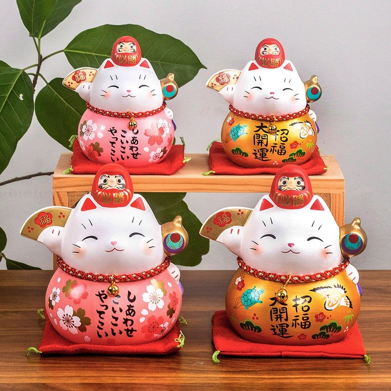 日本药师窑彩绘樱花达摩招财猫办公桌面摆件可爱治愈结婚生日礼物 - 摆饰 - 陶 