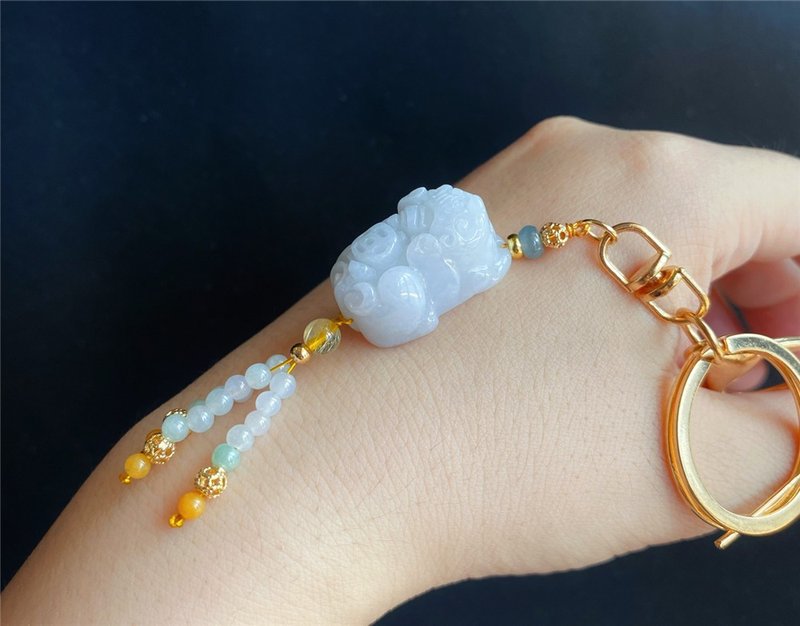 天然缅甸玉翡翠 神兽 咬钱 招财  貔貅 钥匙圈 饰品 礼物 - 钥匙链/钥匙包 - 玉石 绿色