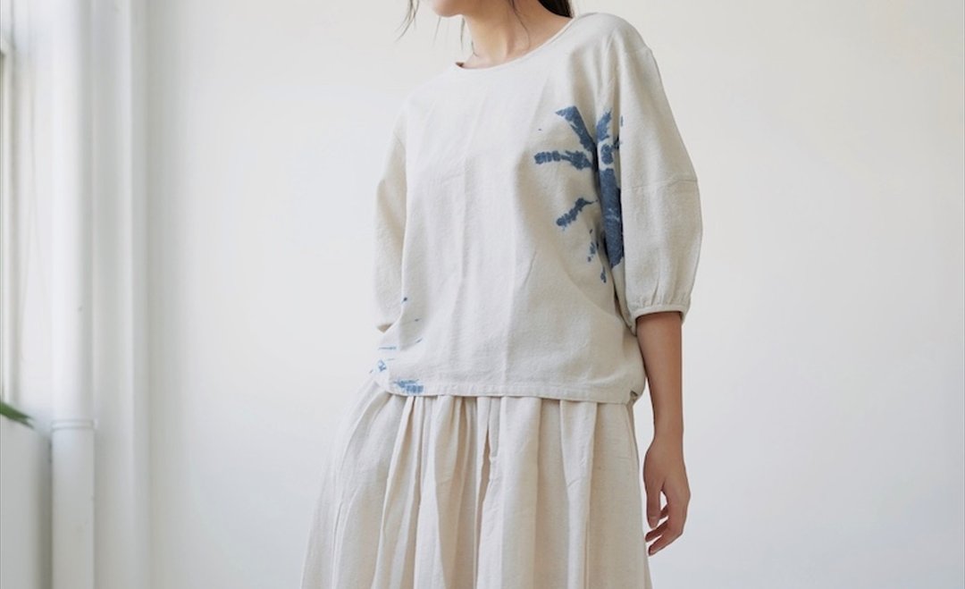 【手工蓝染】 圆领泡泡袖雙色上衣 - 女装上衣 - 棉 蓝色