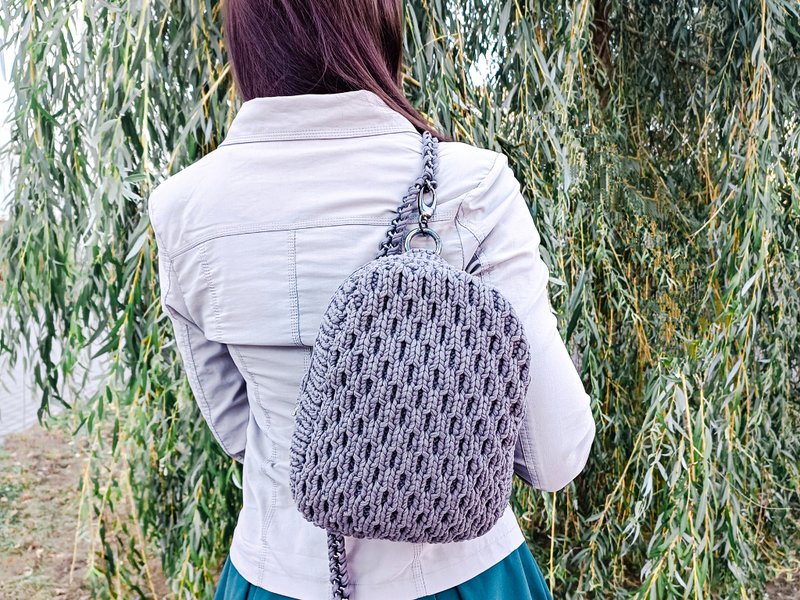 灰色背包 女士针织手工背包 - 后背包/双肩包 - 棉．麻 灰色