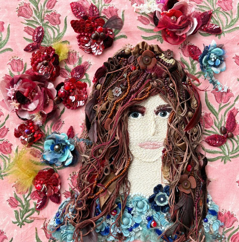 裱框的珠绣艺术   深红色的花朵 - 墙贴/壁贴 - 绣线 红色