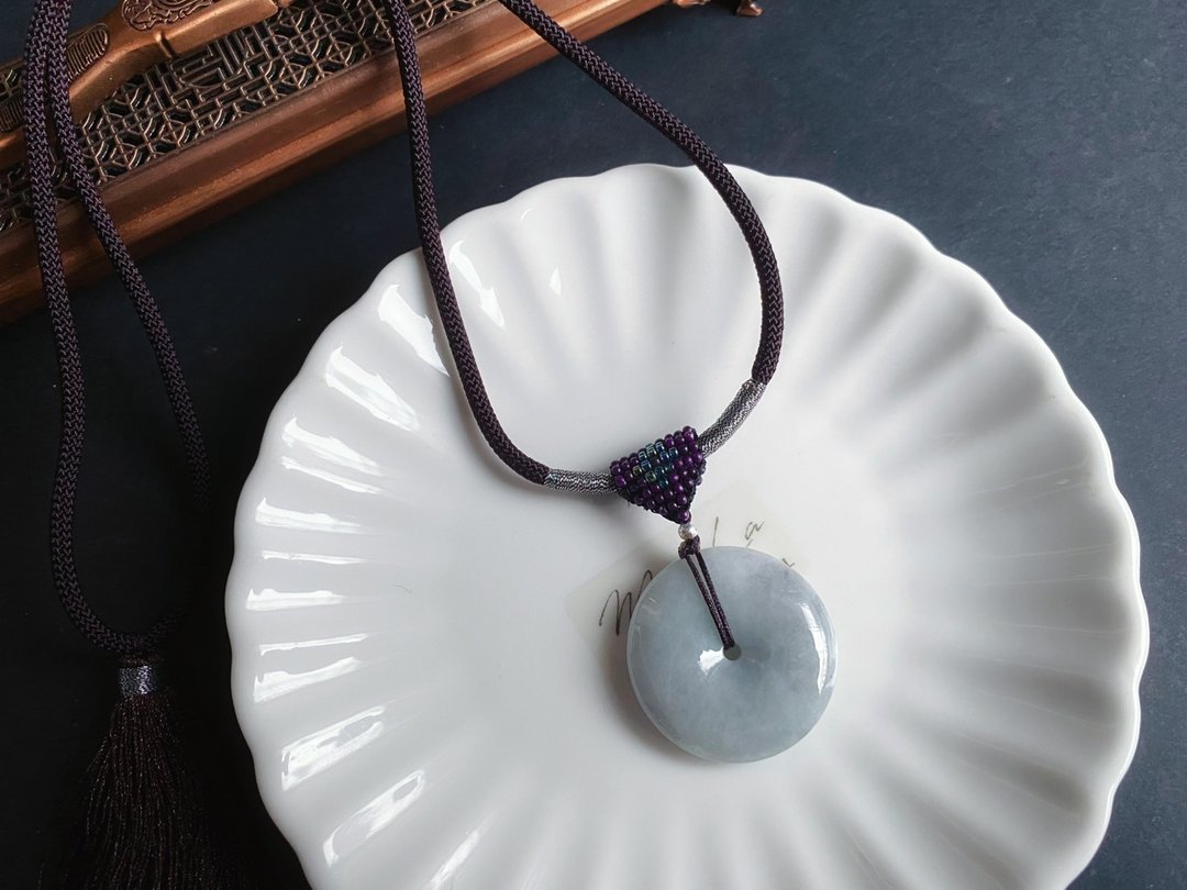 天然缅甸玉翡翠 乌鸡带绿底质细致 平安扣 项链 礼物 水墨风 - 项链 - 玉石 黑色