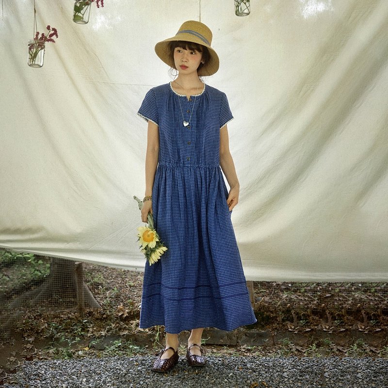 亚麻蓝格连衣裙|洋装|夏款|Sora-1839 - 洋装/连衣裙 - 棉．麻 蓝色