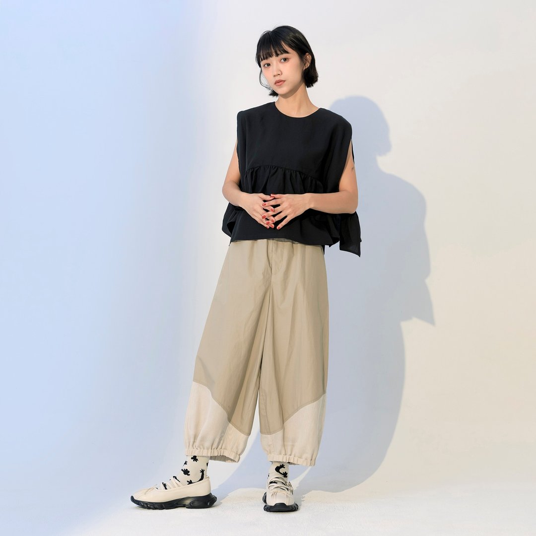 网纱斜拼接九分气球裤 - 女装长裤 - 棉 卡其色
