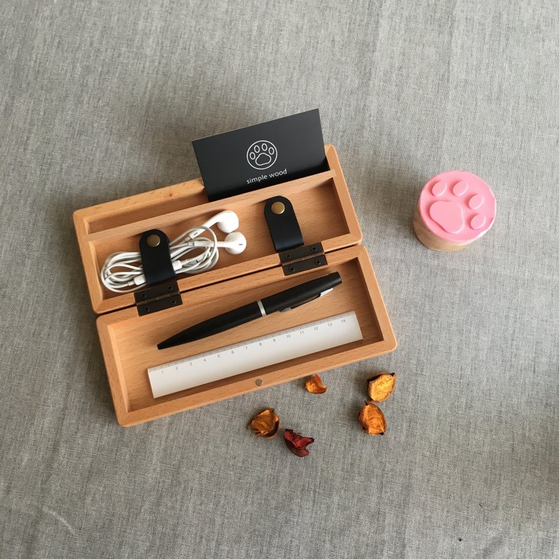 (免费刻字)收纳铅笔盒(笔 耳机 传输线 手机座)情人节 毕业礼物 - 铅笔盒/笔袋 - 木头 卡其色