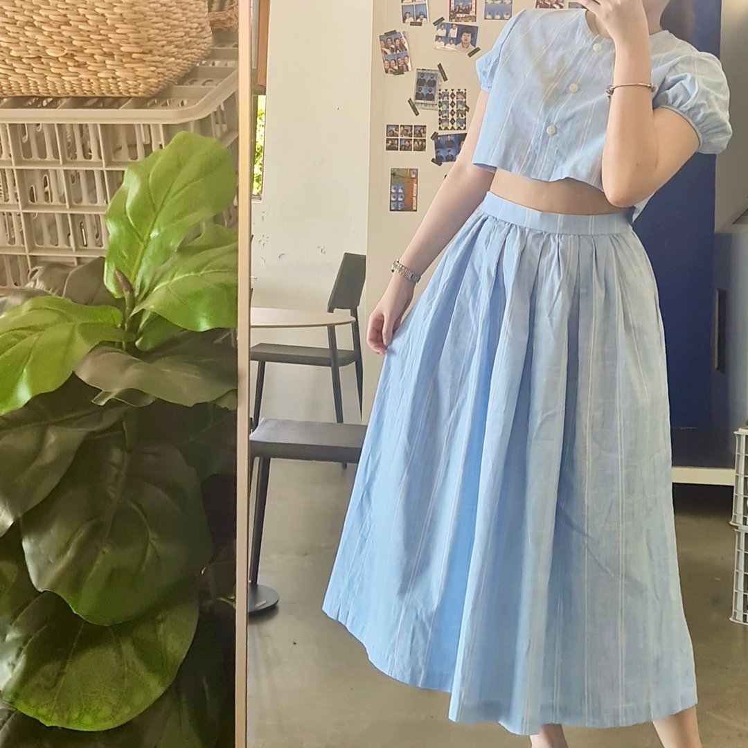 Clara 裙款 后松紧腰围纯棉长裙 浅蓝色 - 裙子 - 棉 蓝色