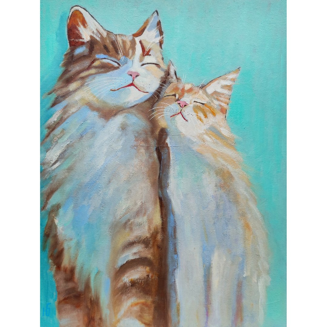 成双猫咪油画 小猫原作 宠物 浪漫情侣 手工油画, 油画原作 - 海报/装饰画/版画 - 其他材质 多色
