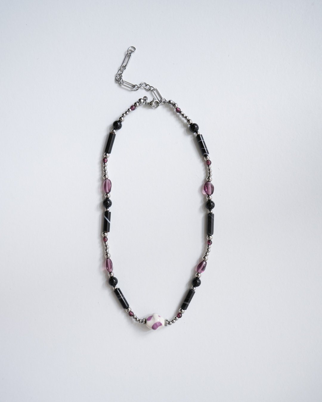 陶瓷x玻璃 扭牛糖珠项链 葡萄x黑玛瑙 Ceramic Glass Necklace - 项链 - 玻璃 紫色