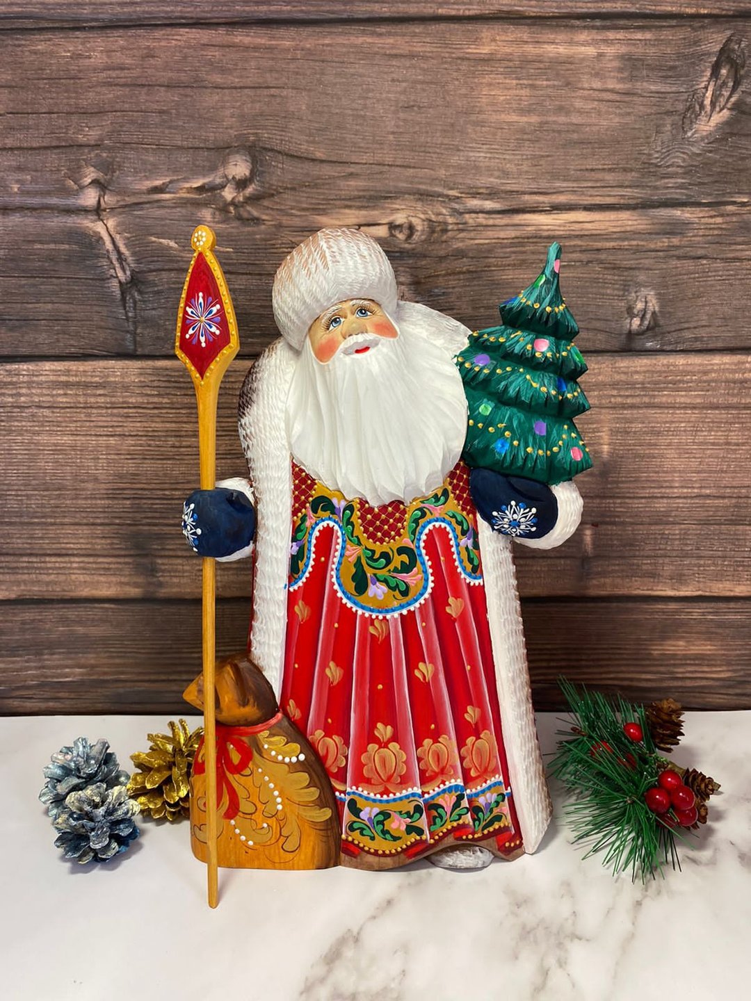 Wooden Santa Carved Christmas Ornament Santa Figurine Christmas - 玩偶/公仔 - 木头 红色