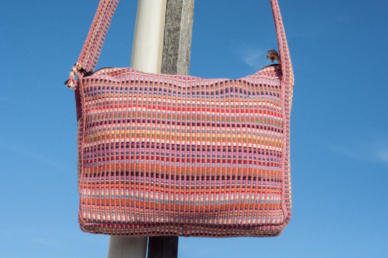 天然手织布拼接斜背包/手织布侧背包/帆布包/肩背包/手机包-彩虹 - 侧背包/斜挎包 - 棉．麻 多色