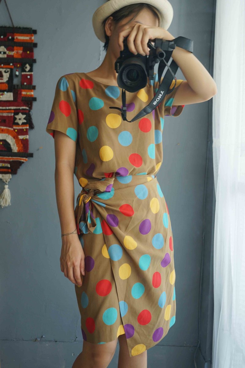 寻宝古着-卡其棕彩色大圆点复古棉质上衣套装 - 女装上衣 - 棉．麻 卡其色