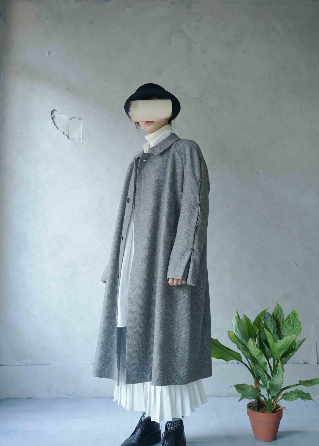 寻宝古着-LANVIN CLASSIQUE暖灰花质感毛料打折袖长版中性大衣 - 女装休闲/机能外套 - 羊毛 灰色