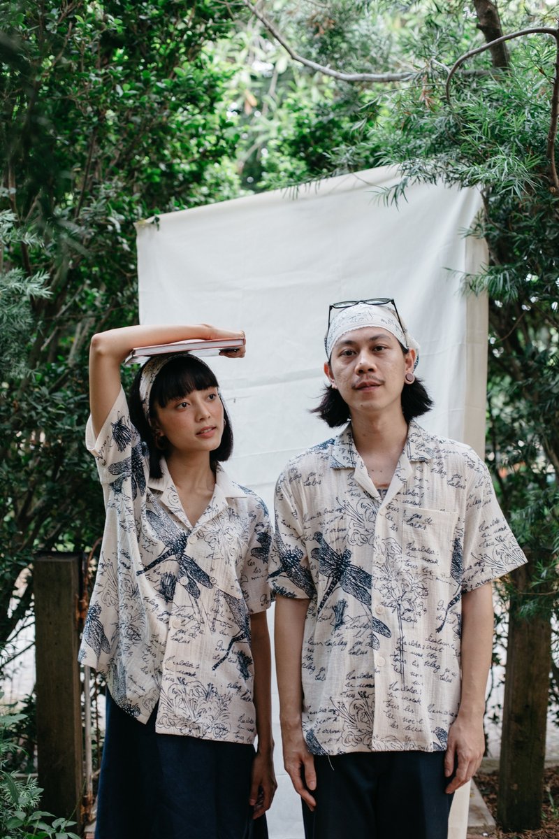 Mulmul dragonfly print shirt - 女装衬衫 - 棉．麻 蓝色