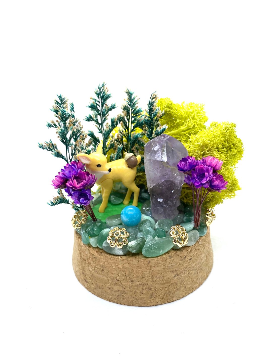 绿色森林-小鹿与紫水晶/海蓝宝珠-手工玻璃罩公仔/水晶/干燥花 - 摆饰 - 水晶 