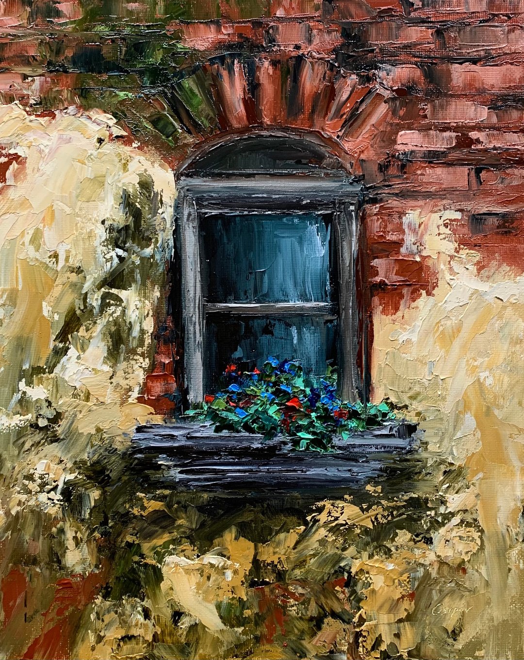 Original Landscape On Canvas Oil Painting Italy Window Artwork Textured Impasto - 墙贴/壁贴 - 棉 多色