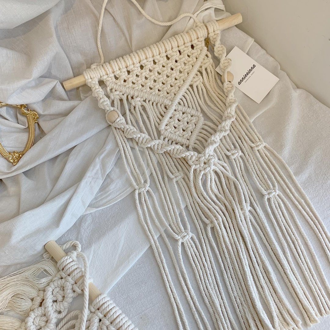 Macrame 编织 珠珠 对称 中型 挂饰 - 摆饰 - 棉 白色