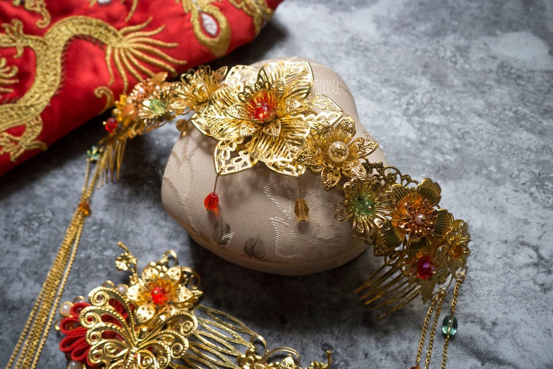 DIY材料包 三件set 配衬新娘裙褂 中式新娘头饰 凤冠 发插  包邮 - 发饰 - 其他金属 金色