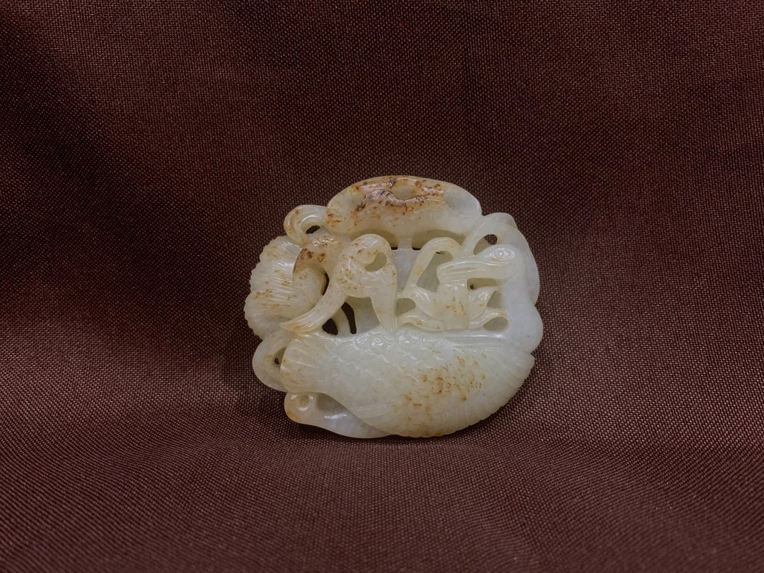 元代 荷叶水草中海冬青猎雁和田白玉带饰 - 皮带/腰带 - 玉石 