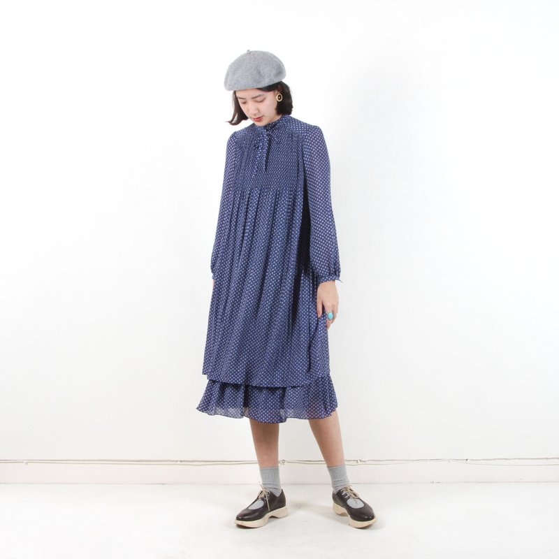【蛋植物古着】蓝玉星点宽松印花古着洋装 - 洋装/连衣裙 - 聚酯纤维 蓝色