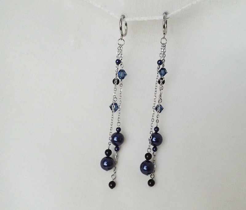 施华洛世奇元素 & 不锈钢  耳圈夹 耳环 (一对) - 耳环/耳夹 - 玻璃 蓝色