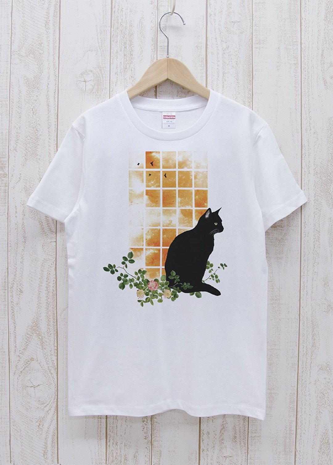 Standing Black Cat Window SUNSET White / R030-T-WH - 中性连帽卫衣/T 恤 - 棉 白色