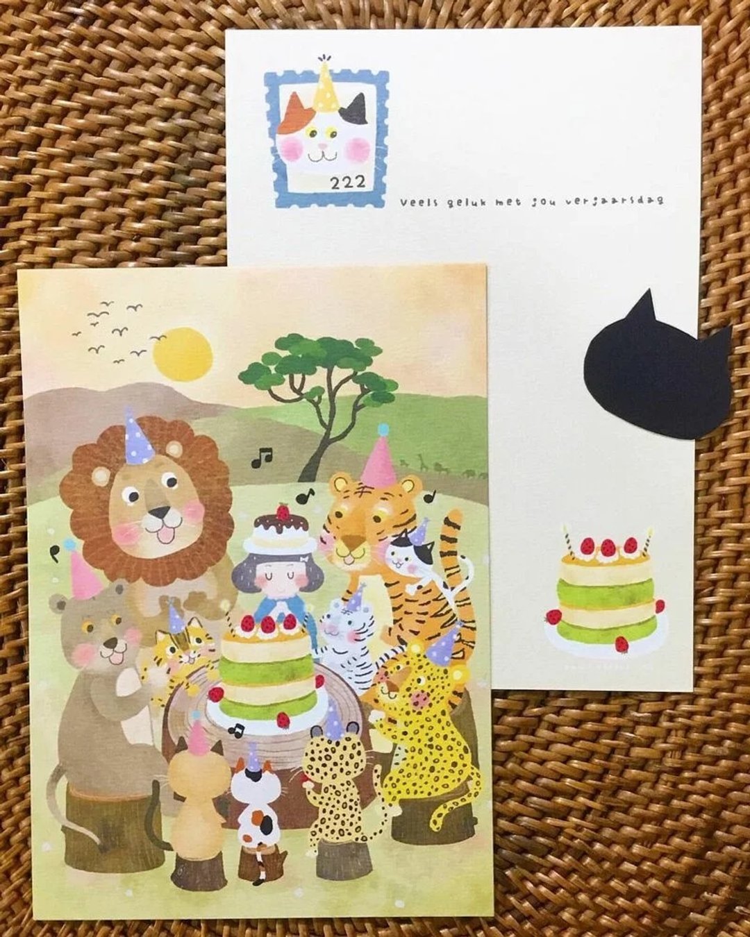 插画明信片。南非草原上的猫科庆生派对・LiebeËva 林檎绘设 - 卡片/明信片 - 纸 橘色