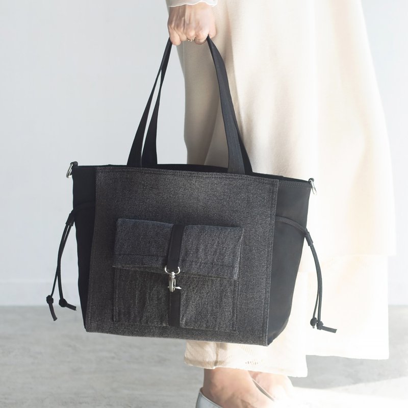 早春新品 大容量休闲托特包【黑色水洗牛仔x黑色帆布】侧背/斜挎 - 侧背包/斜挎包 - 棉．麻 黑色