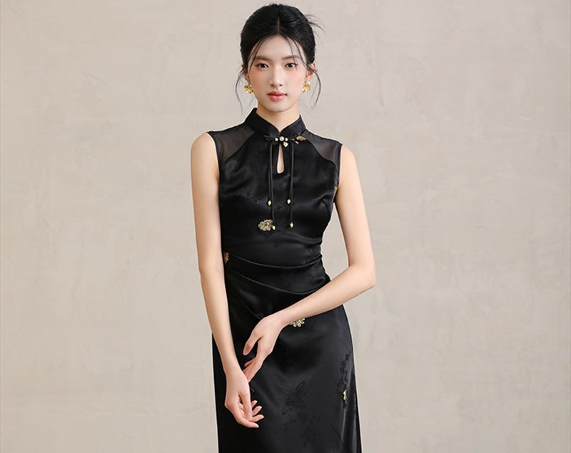 【深黛墨】新中式复古中国风 网纱拼接/显瘦洋装 - 洋装/连衣裙 - 其他材质 黑色