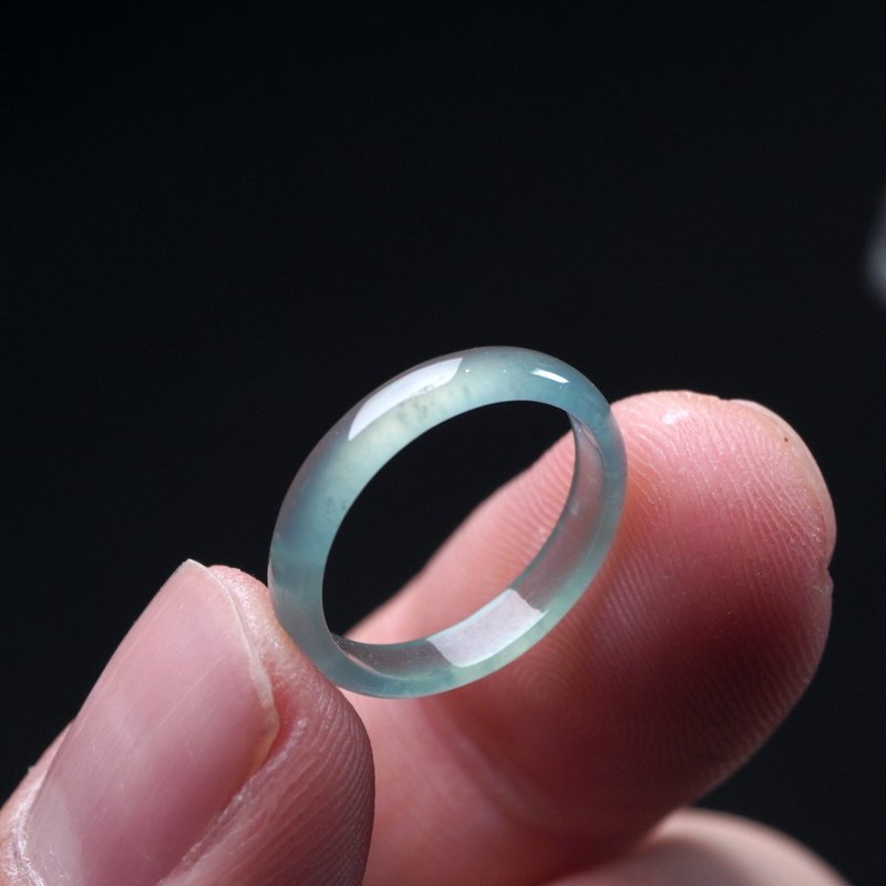 玻璃种蓝水翡翠戒指戒圈 | 国际8围 | 天然翡翠A货 | 送礼 - 戒指 - 玉石 蓝色