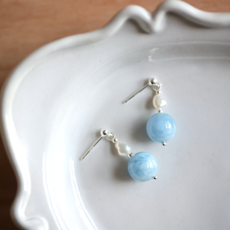 江ノ岛海蓝宝纯银耳环　可改耳夹 - 耳环/耳夹 - 半宝石 蓝色