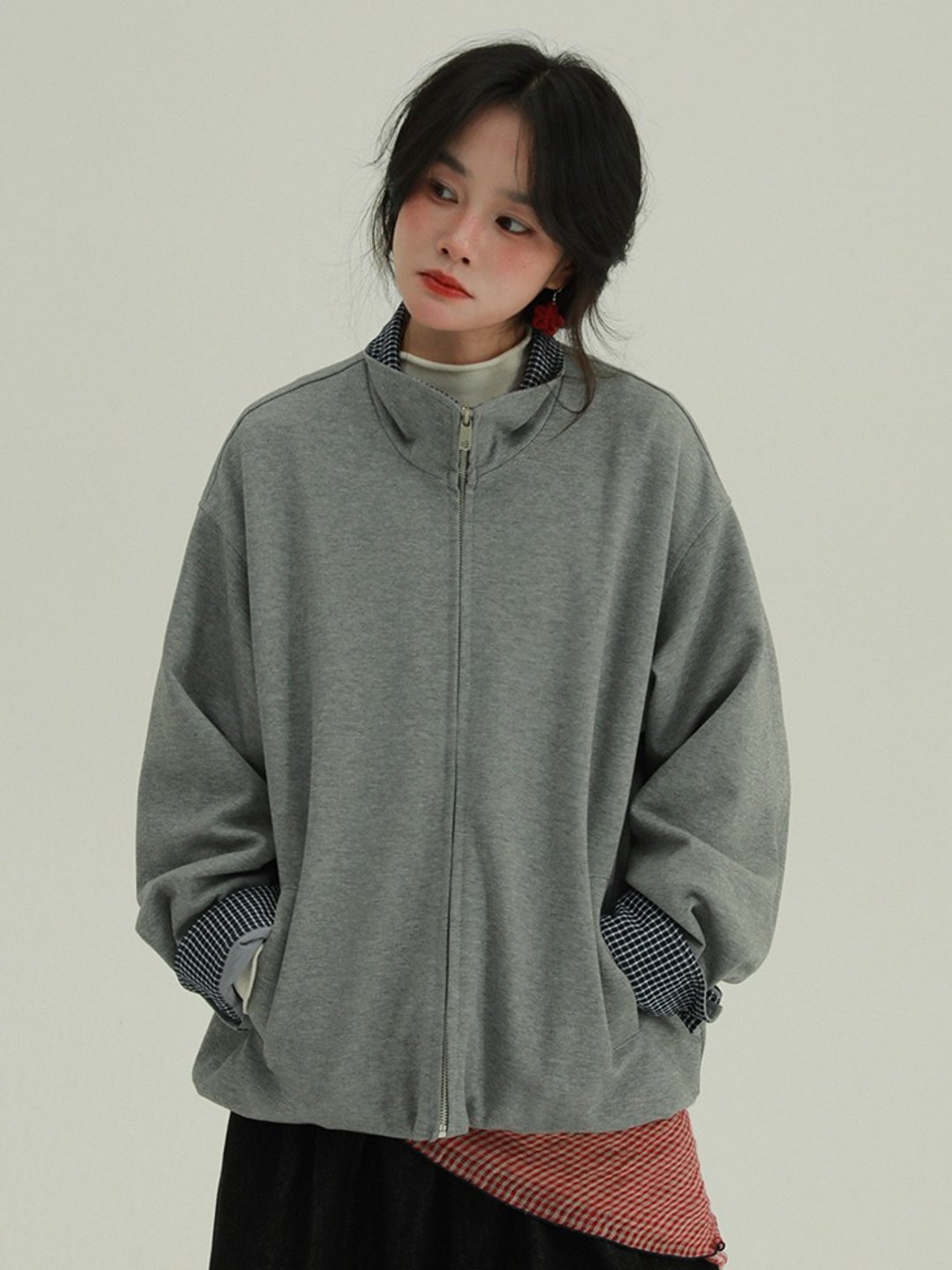 花灰色 格紋翻領拉鏈 美式休閒百搭寬松中性上衣 大學T - 女装上衣 - 棉 灰色