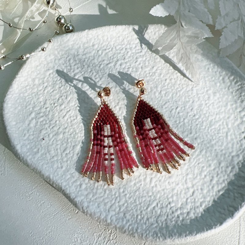 波西米亚 手工玻璃珠流苏耳环 - 耳环/耳夹 - 玻璃 红色