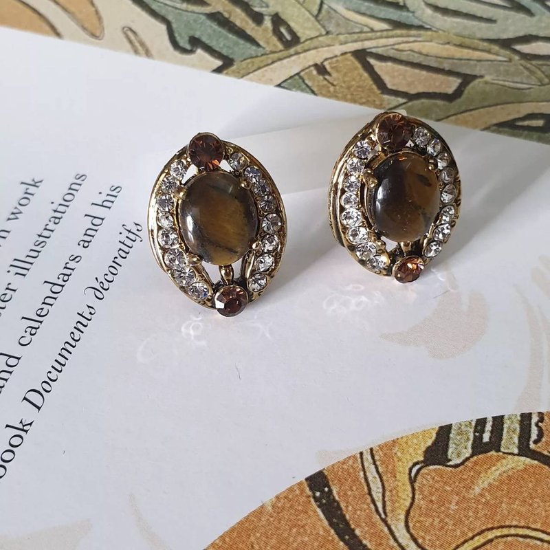一月一日。独家设计。虎眼石复古魔镜 / 耳环 耳针 耳夹 - 耳环/耳夹 - 其他金属 咖啡色
