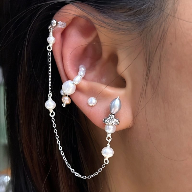 不对称耳环 优质 AA+ 级别淡水珍珠 925 纯银耳针耳环 E367 - 耳环/耳夹 - 珍珠 白色