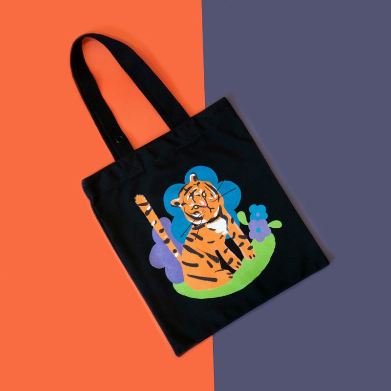 猫王老虎插画帆布包-守山虎 - 手提包/手提袋 - 聚酯纤维 黑色