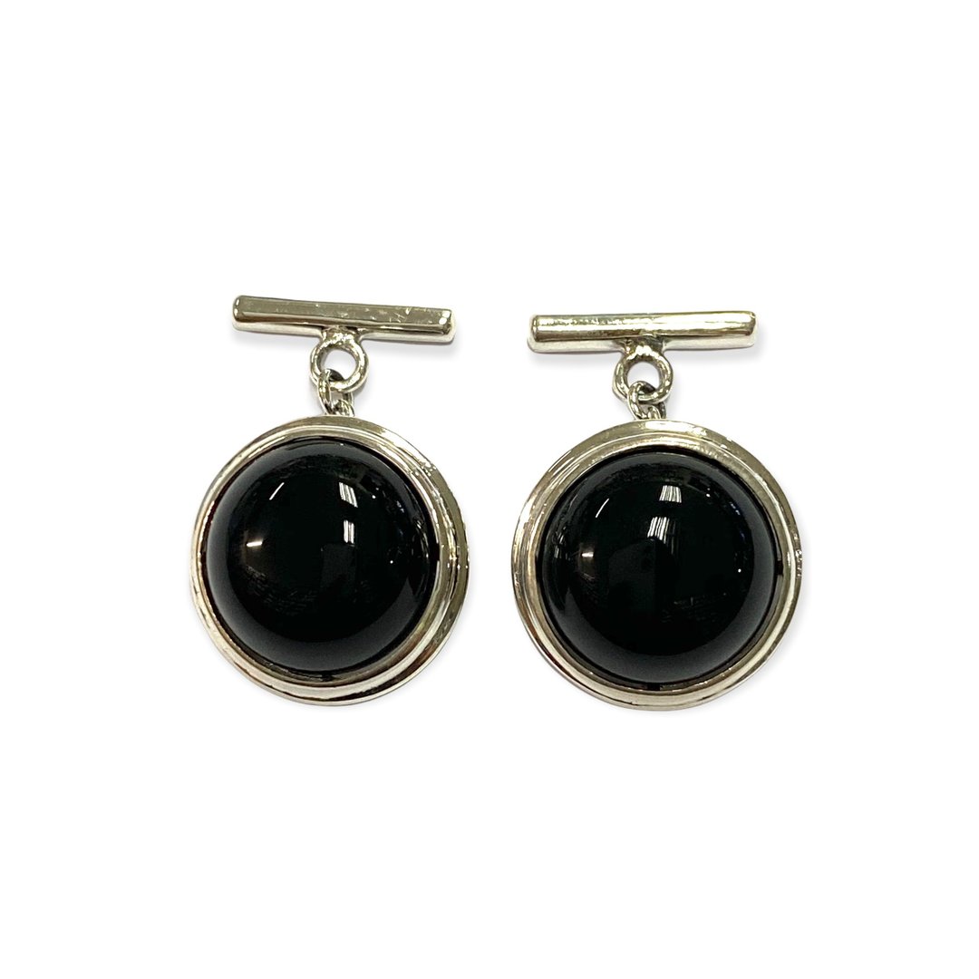 Round Onyx Stone Wedding Cufflinks For Groom 925 Sterling Silver - 袖扣 - 纯银 黑色