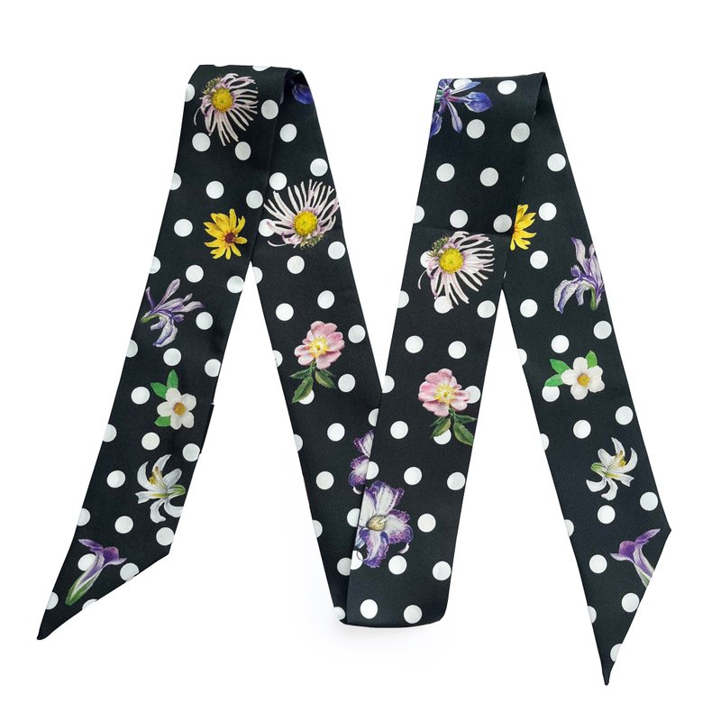 100%桑蚕丝真丝窄领巾/丝巾/飘带/包柄带/发带::波点花卉 - 丝巾 - 丝．绢 黑色